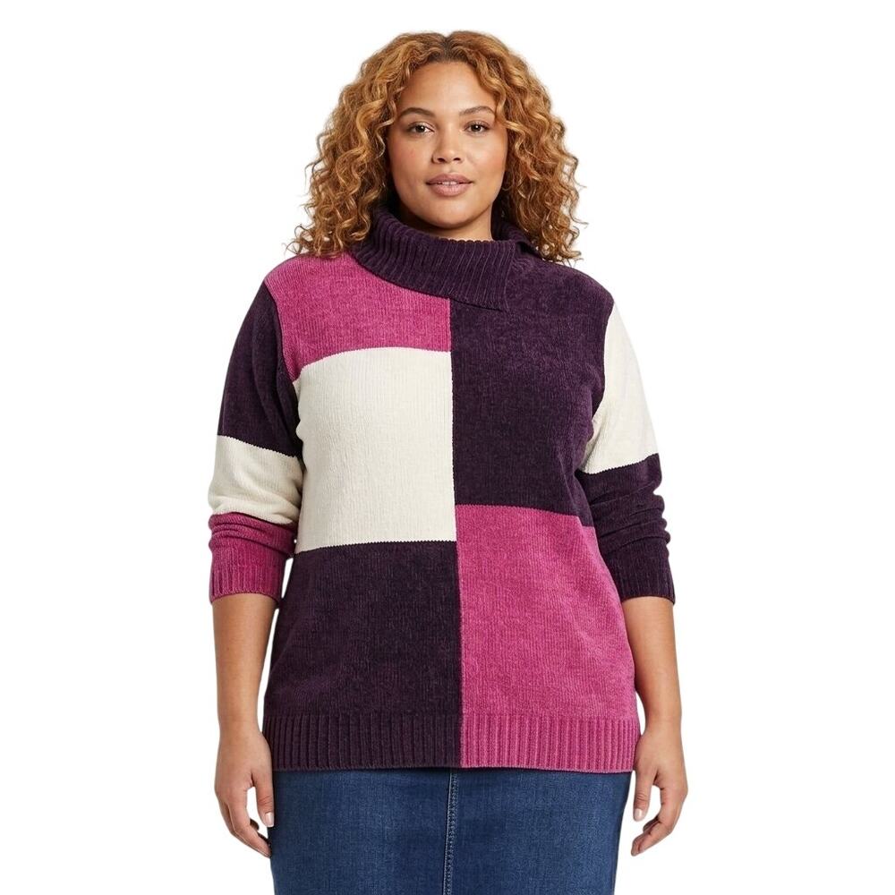 VTG WHITE STAG Colorblock Split Mockneck Chenille Sweater 80s 90s SZ 18